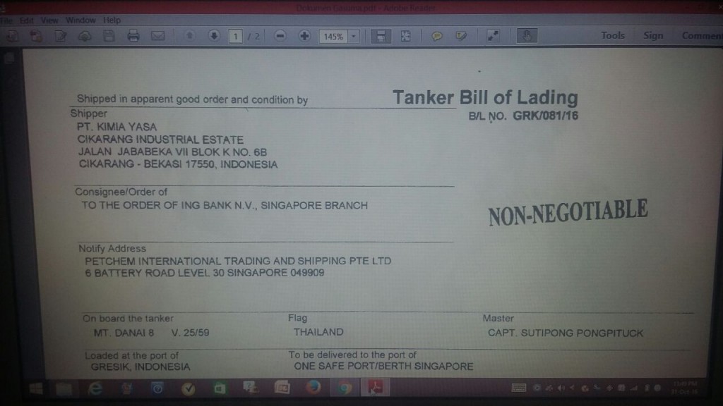 Dokumen Tanker Bill of Lading | Foto : Eksplorasi.id